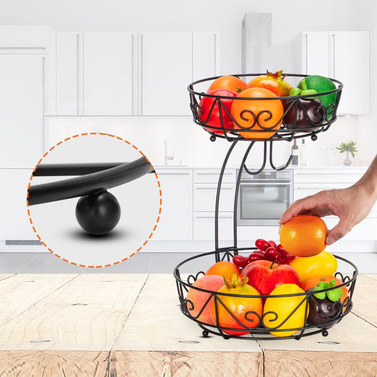 Black 1-Piece 2-Tier Fruit Basket with 2-Banana Hooks and 2-Fruit Bowl