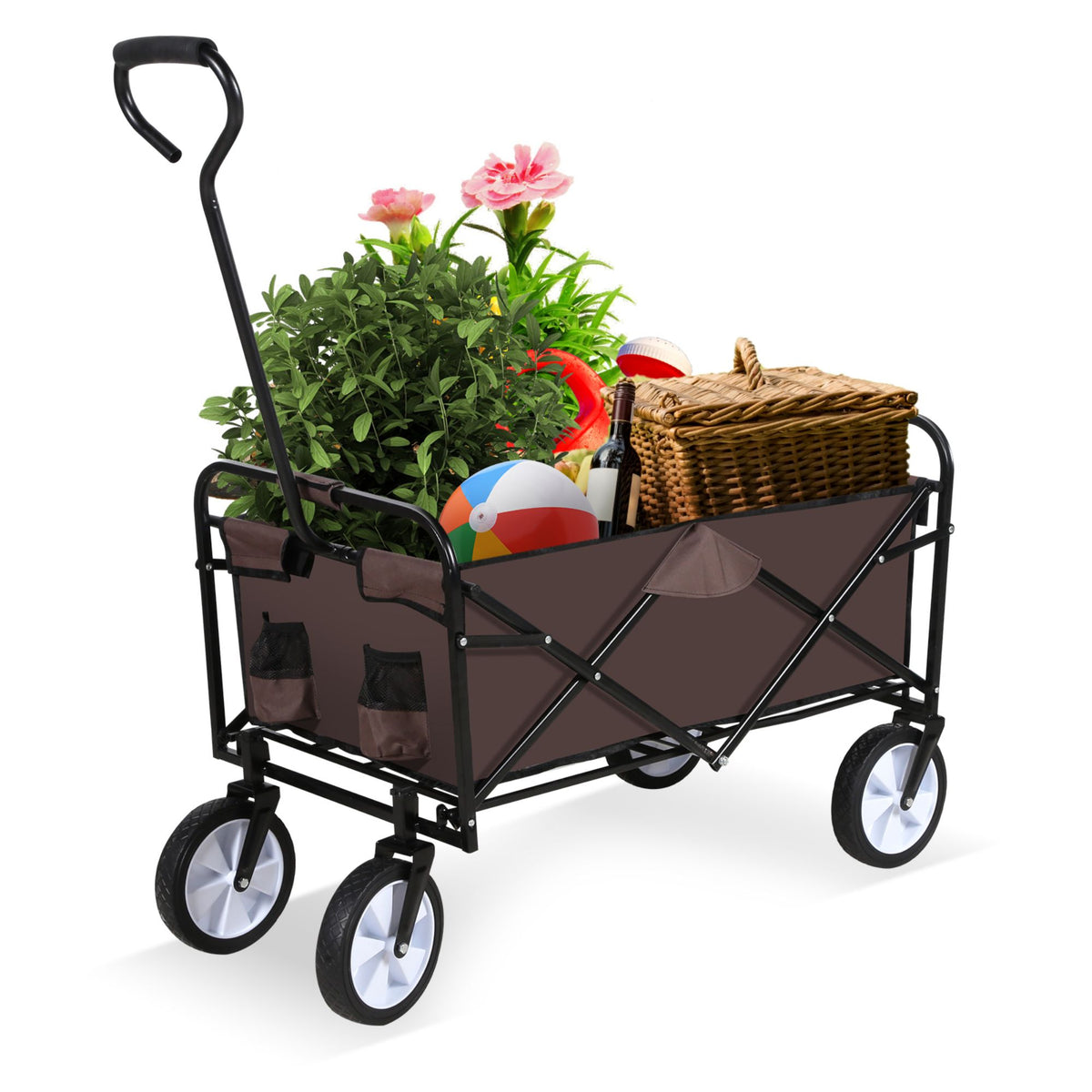 8 cu. ft. Brown Steel Rolling Collapsible Garden Cart Camping Wagon with Swivel Wheels and Adjustable Handle