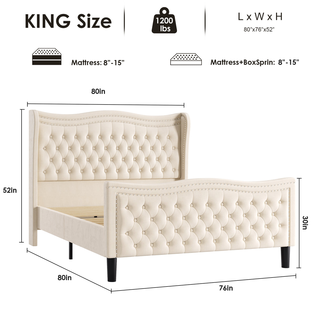 Beige Wood Frame Platform Bed with Wingback Headboard and Rhombus Pattern