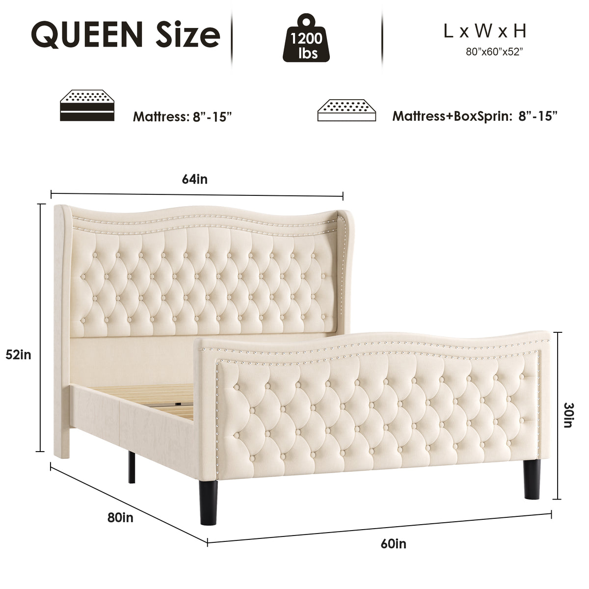 Beige Wood Frame Platform Bed with Wingback Headboard and Rhombus Pattern