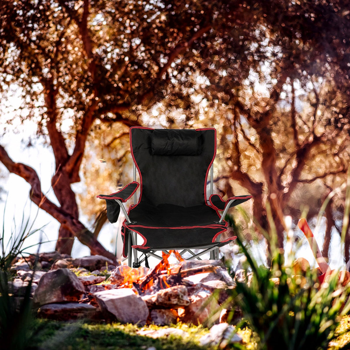 2 in 1 Folding Camping Chair with Footrest Mesh Lounge chair in Black