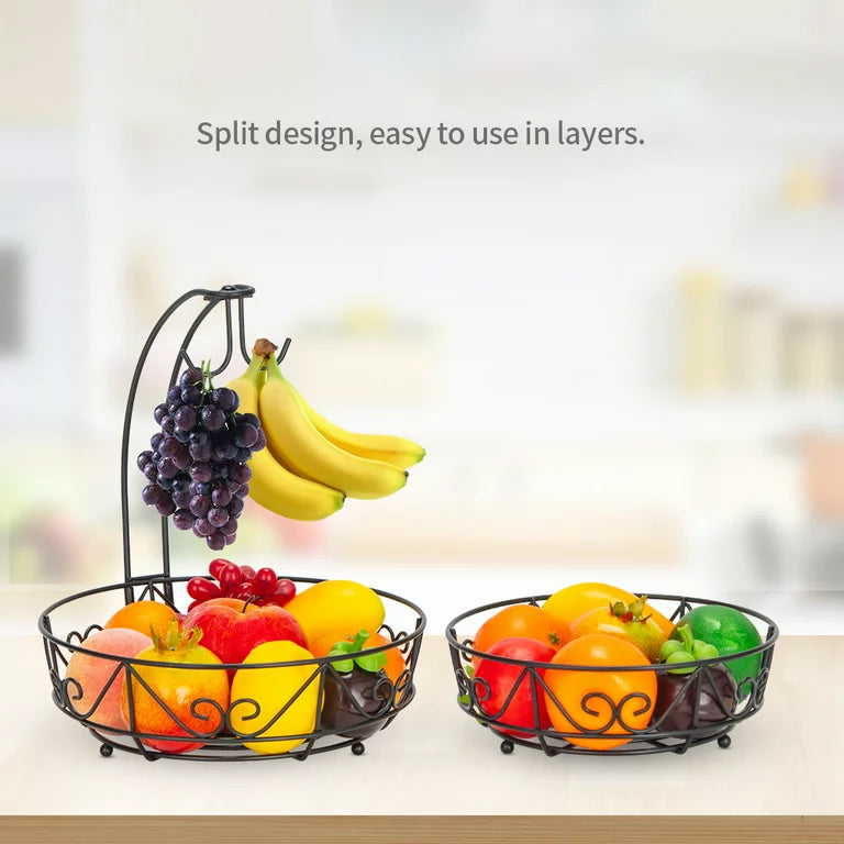 Black 1-Piece 2-Tier Fruit Basket with 2-Banana Hooks and 2-Fruit Bowl