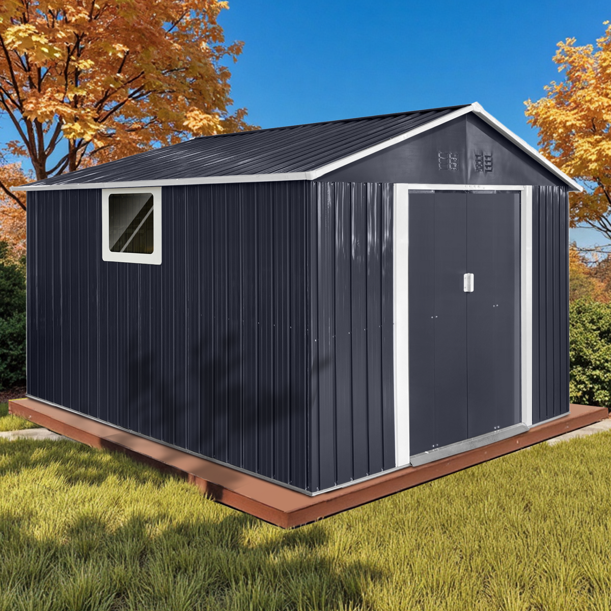 9.1*10.6 Ft Metal Garden Shed with Lockable Double Doors & Sloping Roof, Weather-Resistant Tool Shed for Backyard, Patio, Poolside Black