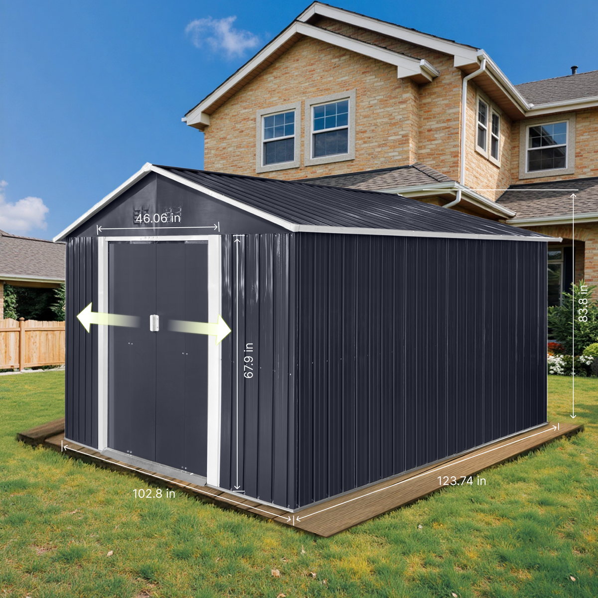 9.1*10.6 Ft Metal Garden Shed with Lockable Double Doors & Sloping Roof, Weather-Resistant Tool Shed for Backyard, Patio, Poolside Black