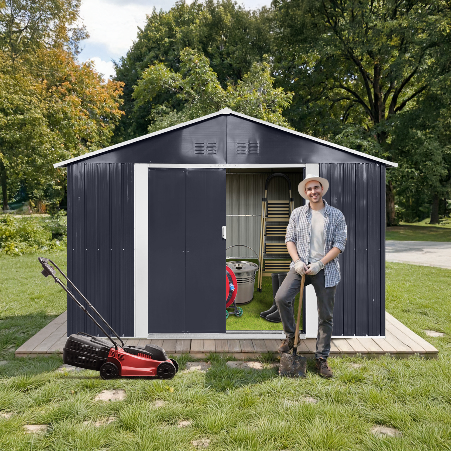 9.1*10.6 Ft Metal Garden Shed with Lockable Double Doors & Sloping Roof, Weather-Resistant Tool Shed for Backyard, Patio, Poolside Black
