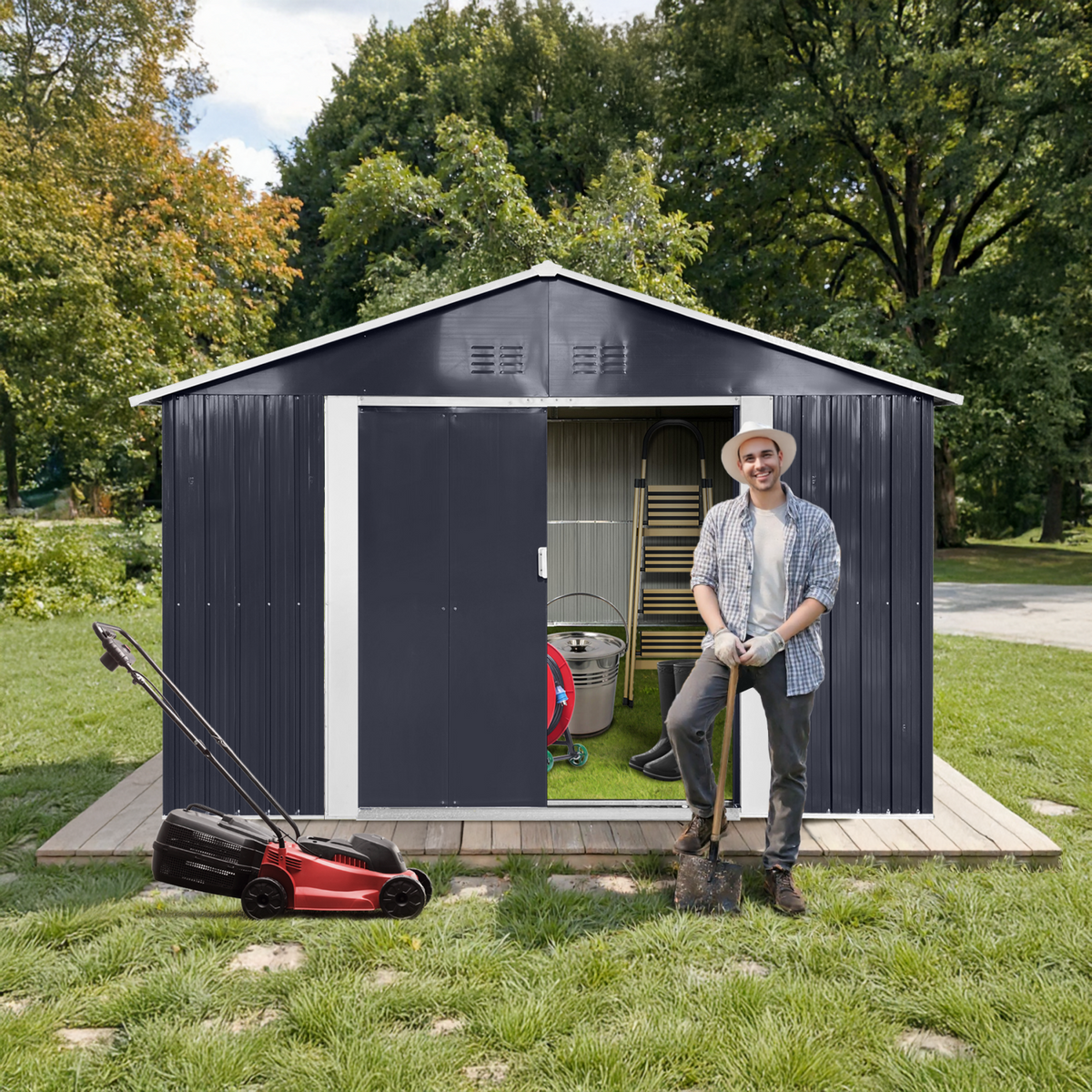 9.1*6.4 Ft Metal Garden Shed with Lockable Double Doors & Sloping Roof, Weather-Resistant Tool Shed for Backyard, Patio, Poolside Black