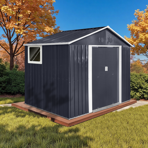9.1*6.4 Ft Metal Garden Shed with Lockable Double Doors & Sloping Roof, Weather-Resistant Tool Shed for Backyard, Patio, Poolside Black