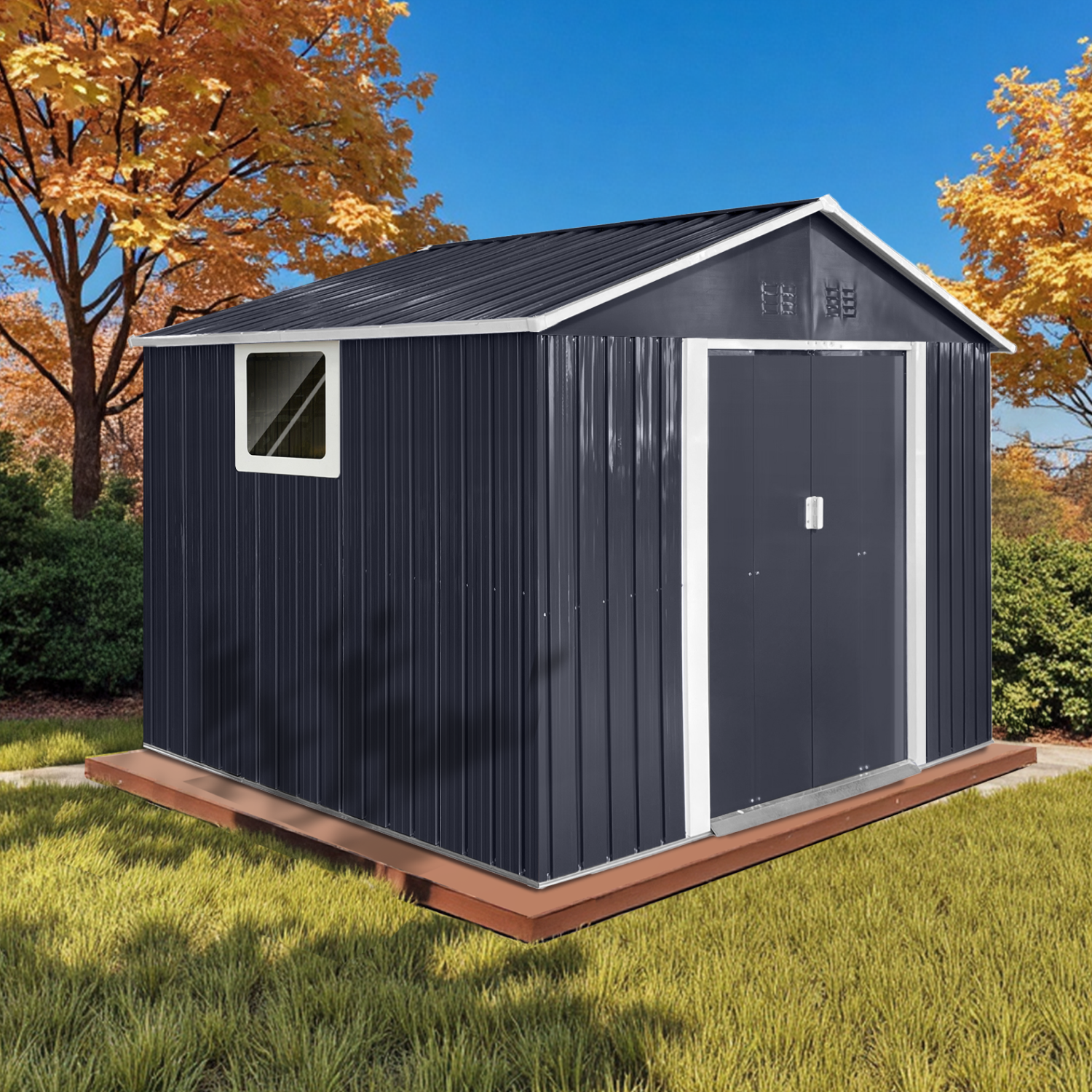 9.1*8.5 Ft Metal Garden Shed with Lockable Double Doors & Sloping Roof, Weather-Resistant Tool Shed for Backyard, Patio, Poolside Black