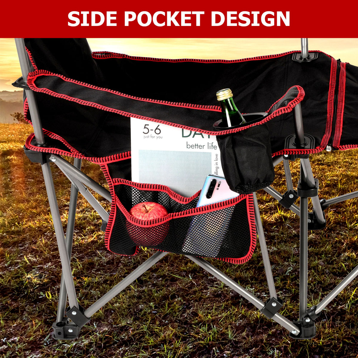 2 in 1 Folding Camping Chair with Footrest Mesh Lounge chair in Black