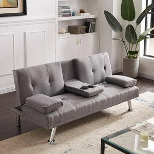 Dubbin Modern Linen Convertible Futon Sofa Bed with Removable Armrests,Metal Legs,and Cupholders - Grey