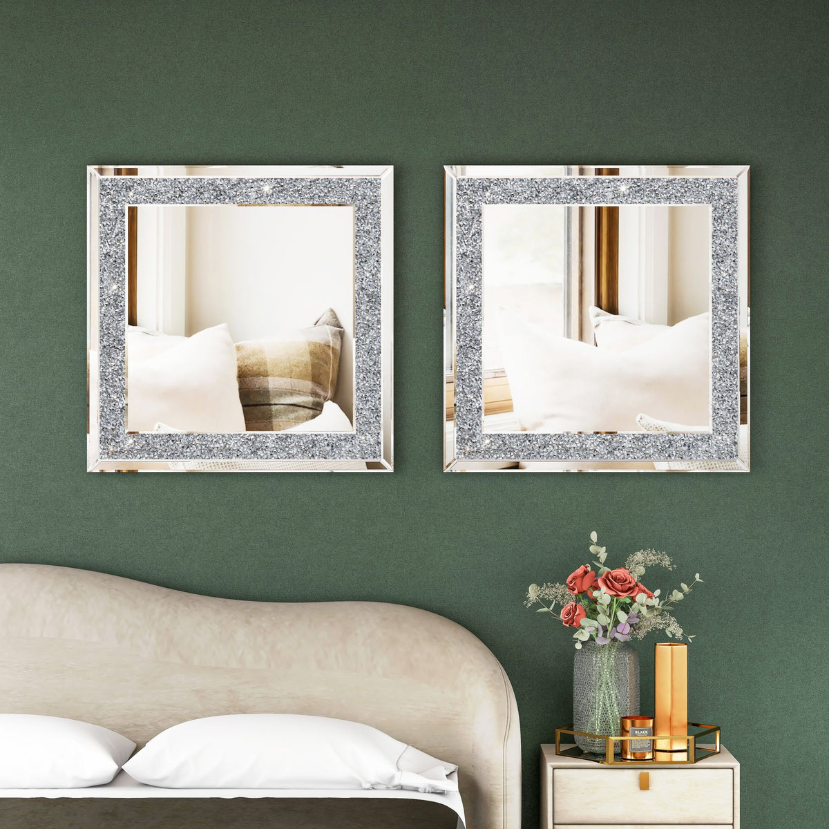 24 in. W x 24 in. H Square Framed Silver Crystal Decorative Wall Mirror