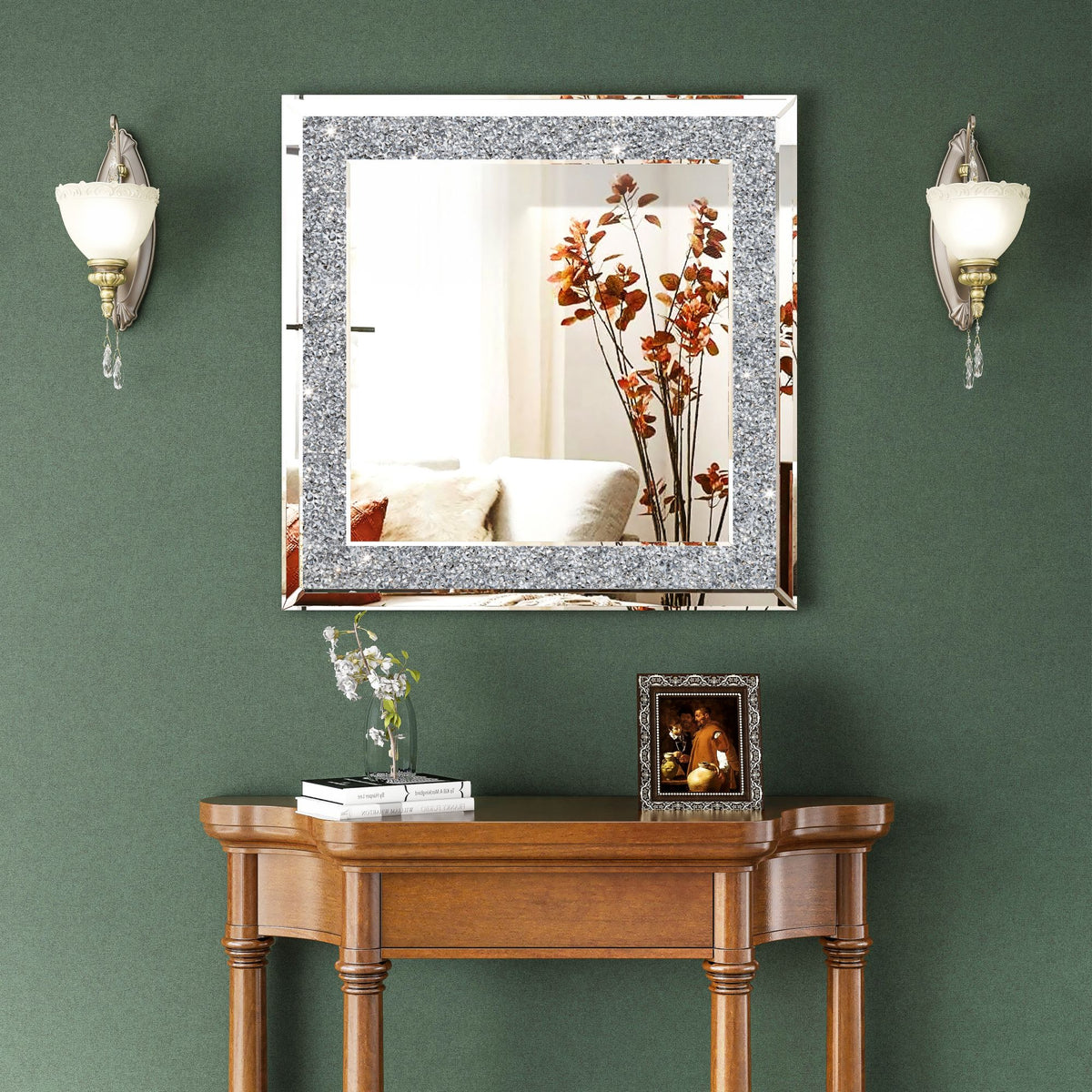 24 in. W x 24 in. H Square Framed Silver Crystal Decorative Wall Mirror