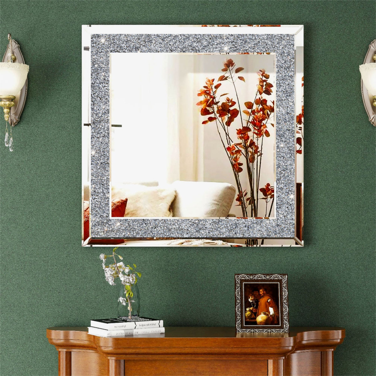 24 in. W x 24 in. H Square Framed Silver Crystal Decorative Wall Mirror