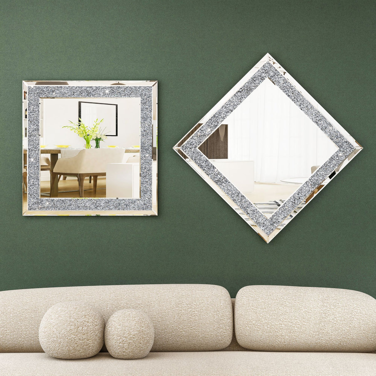 24 in. W x 24 in. H Square Framed Silver Crystal Decorative Wall Mirror