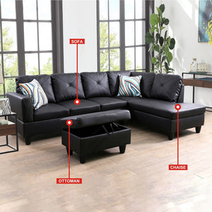 Dubbin Black Faux Leather 3-Piece Couch Living Room Sofa Set