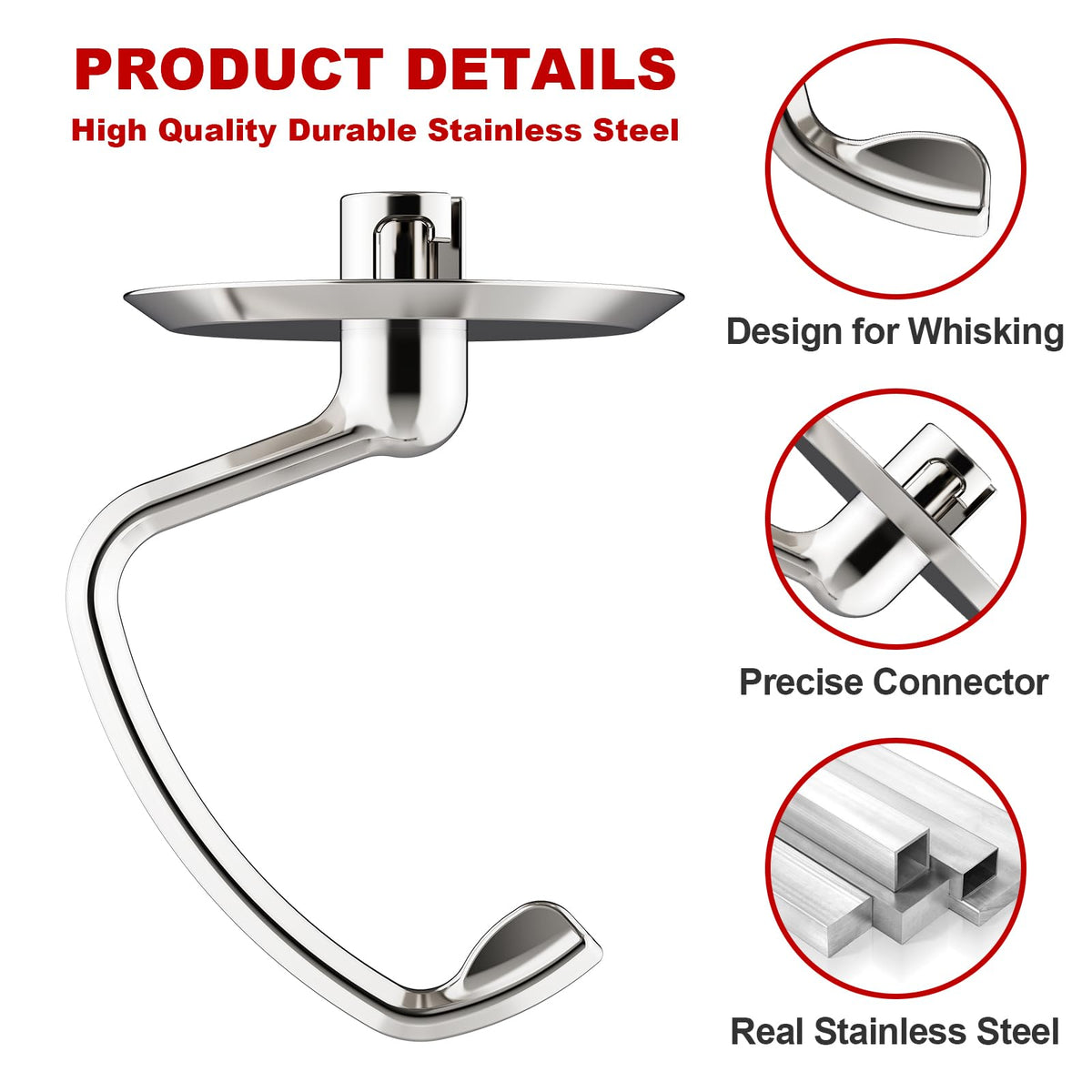 Stainless Steel Dough Hook for KitchenAid Stand Mixer, Bread Hook for 4.5-5 qt. Tilt-Head Stand Mixer, Dishwasher Safe